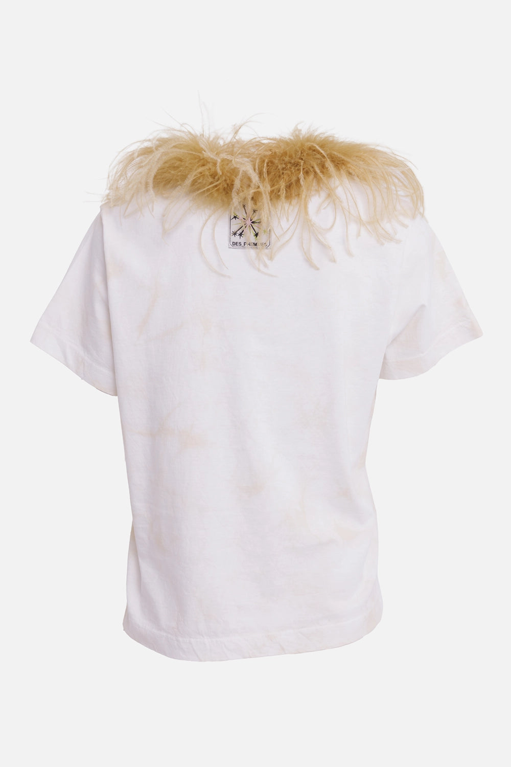 DES PHEMMES women's Moonbeam T-shirt, back view with feather-trimmed neckline and logo patch at upper back