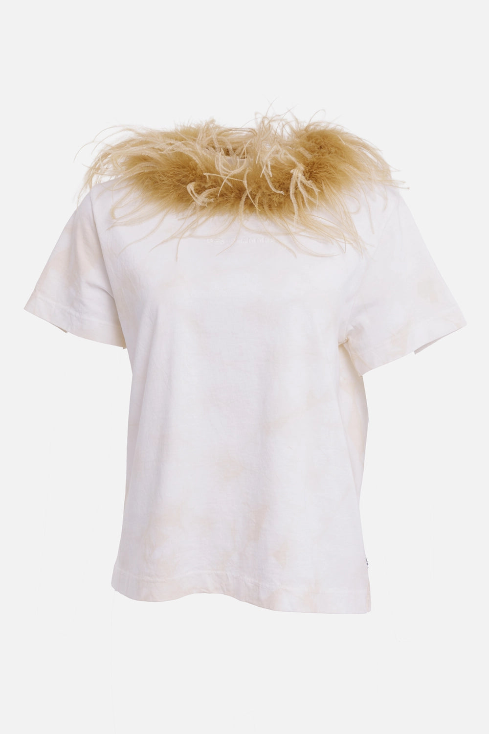DES PHEMMES women's Moonbeam T-shirt, front view with feather-trimmed crew neck and tonal chest logo