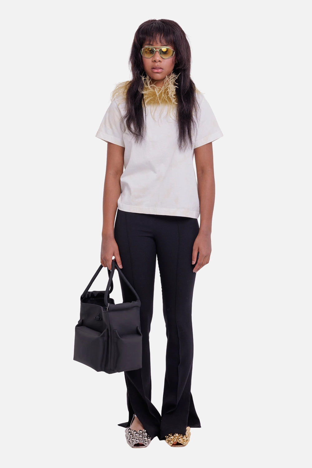 DES PHEMMES women's Moonbeam T-shirt on model, full-length front view with feather collar and short sleeves