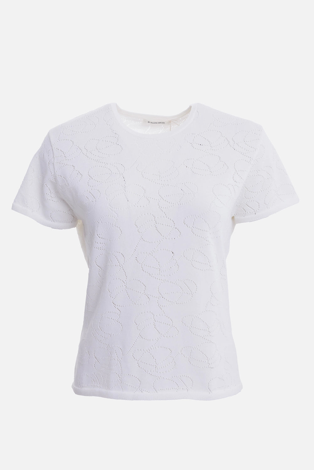 By Malene Birger women's T-shirt in Soft White, front view with crew neck and openwork motif