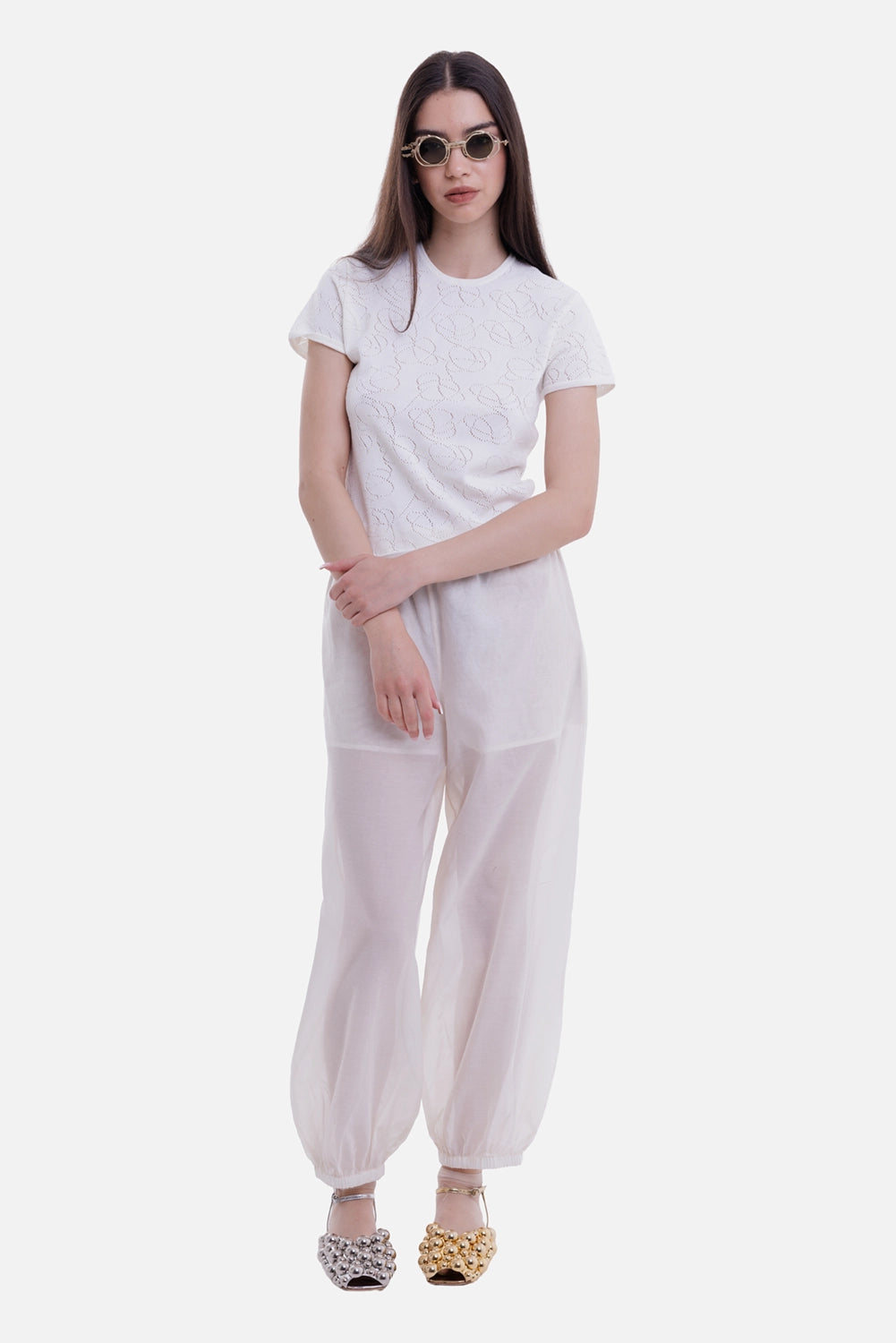 By Malene Birger women's T-shirt in Soft White, on-model view with pointelle monogram pattern