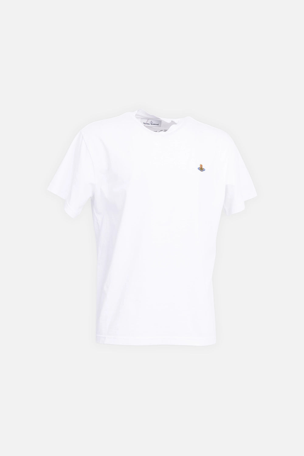 Vivienne Westwood men’s t-shirt in white, front view, multicolour orb embroidery at chest