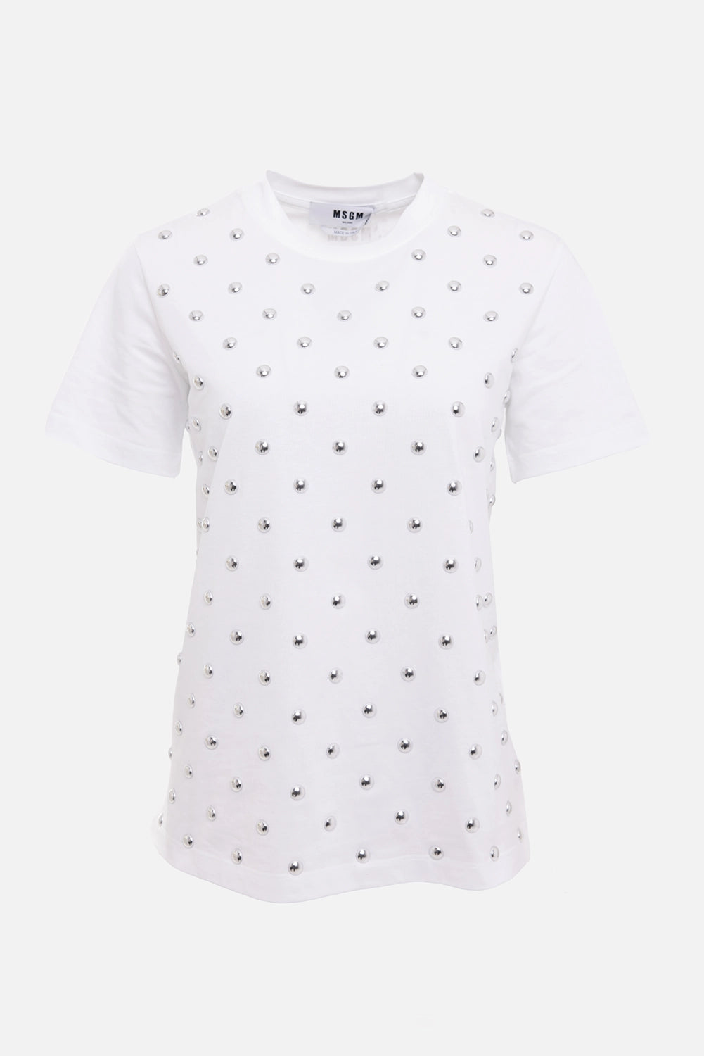 MSGM women's T-shirt in white, front view, silver studs across chest and visible neck label
