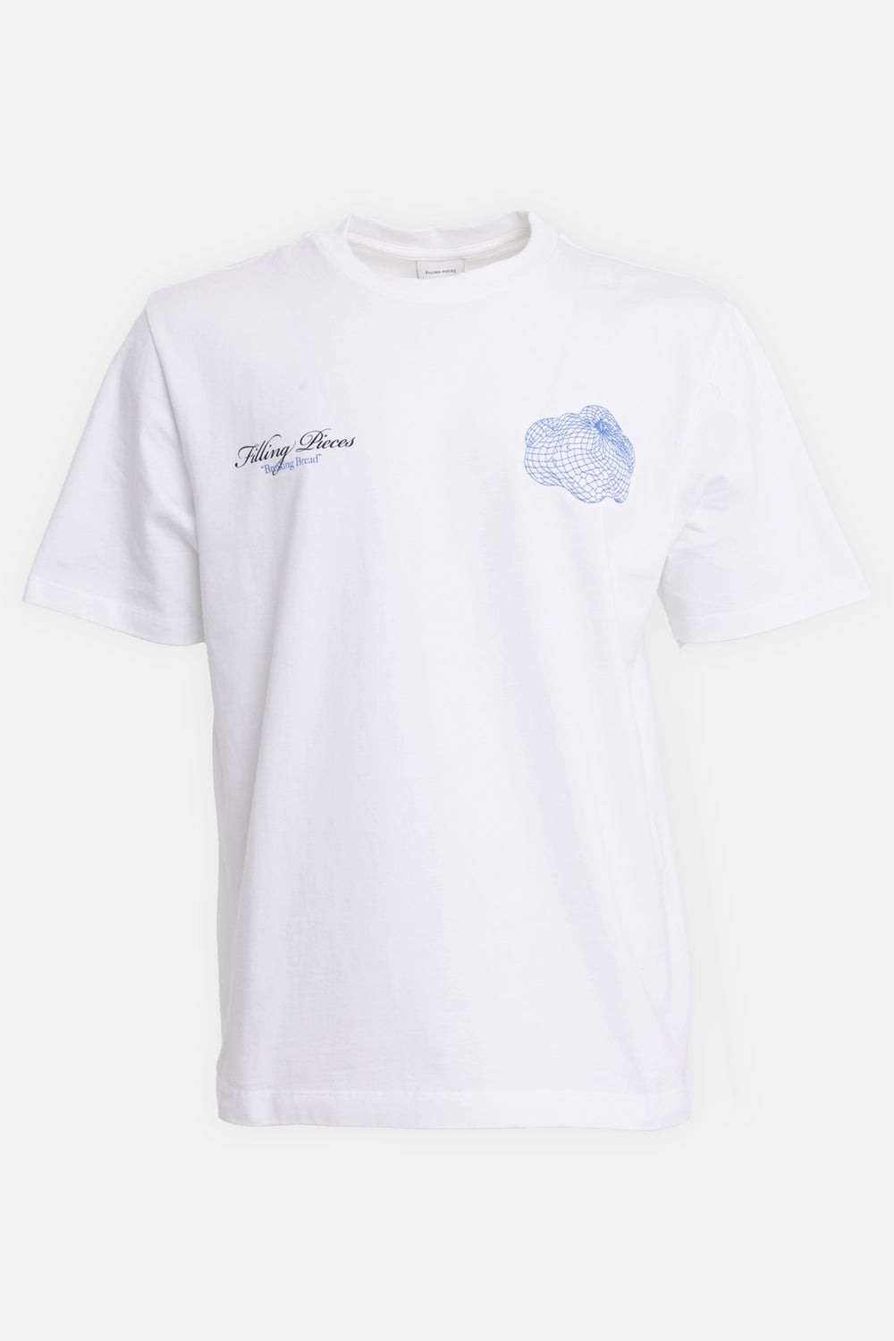 Filling Pieces unisex T-shirt in white, front view, script chest logo and blue citrus net graphic