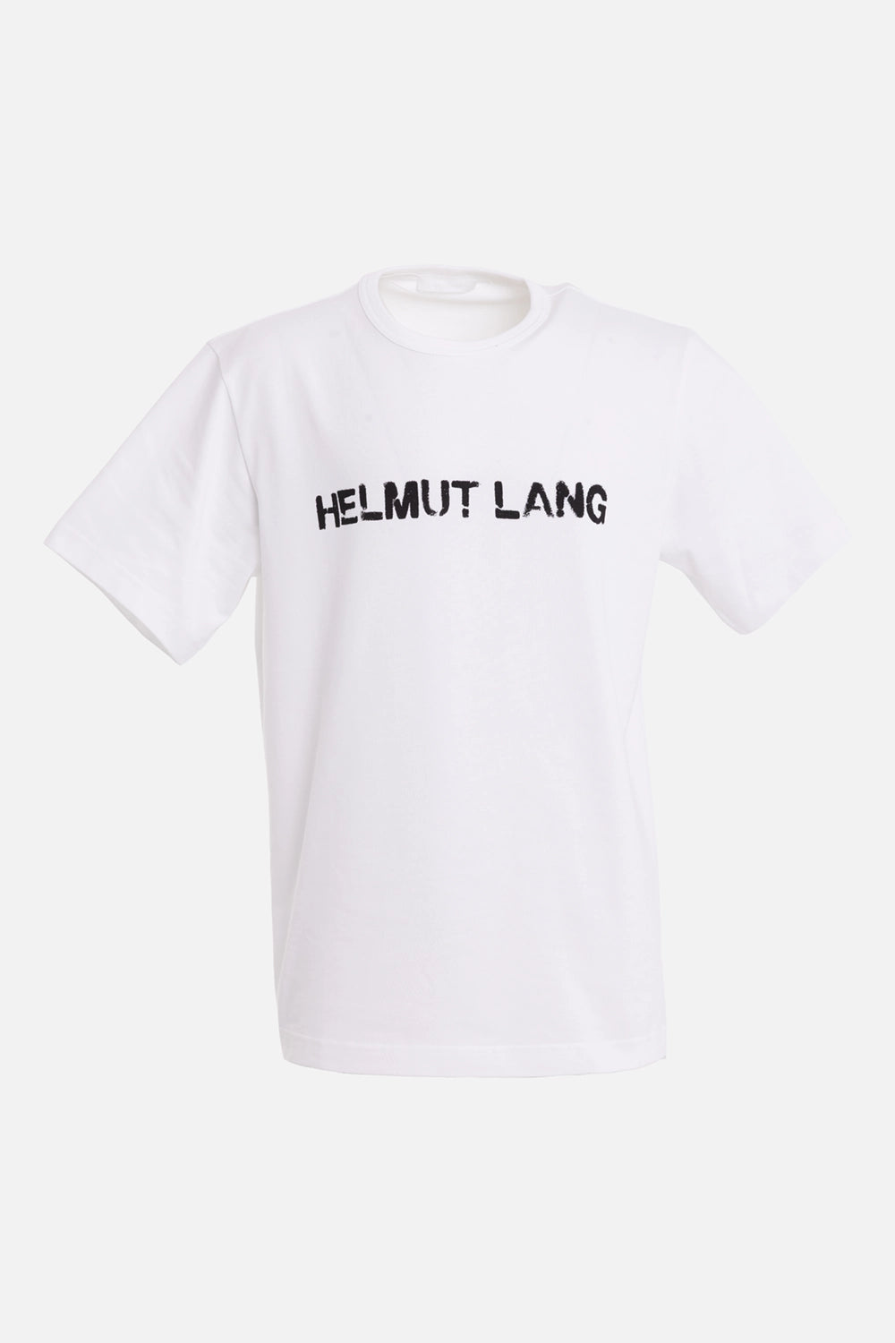 Helmut Lang men's white T-shirt, front view, black stencil logo across chest