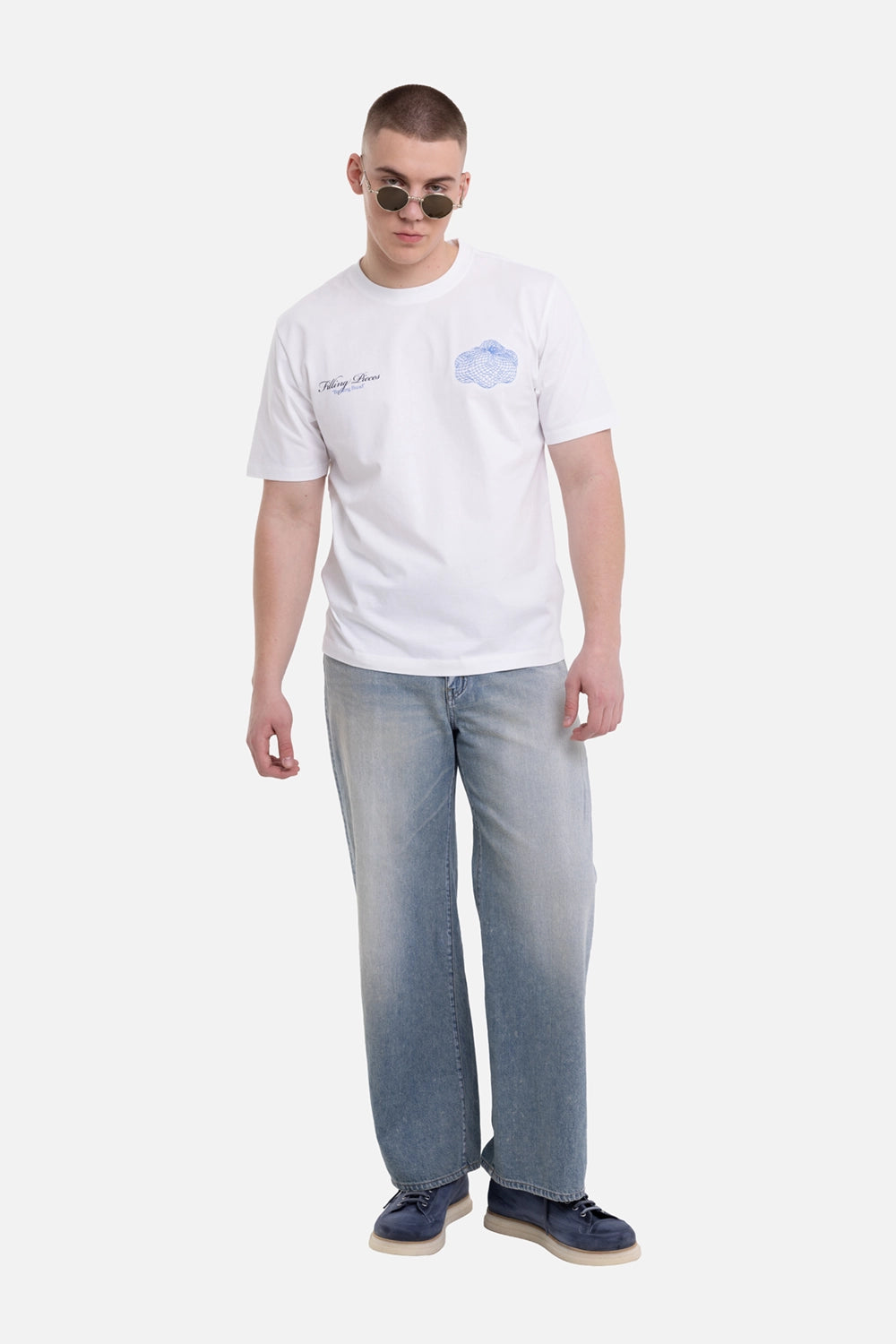 Filling Pieces unisex T-shirt in white, on-model full-length view, script chest logo and blue citrus net print