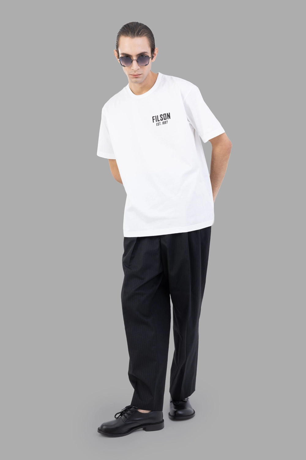 Junya Watanabe T-shirt in white, on-model full length, relaxed boxy fit