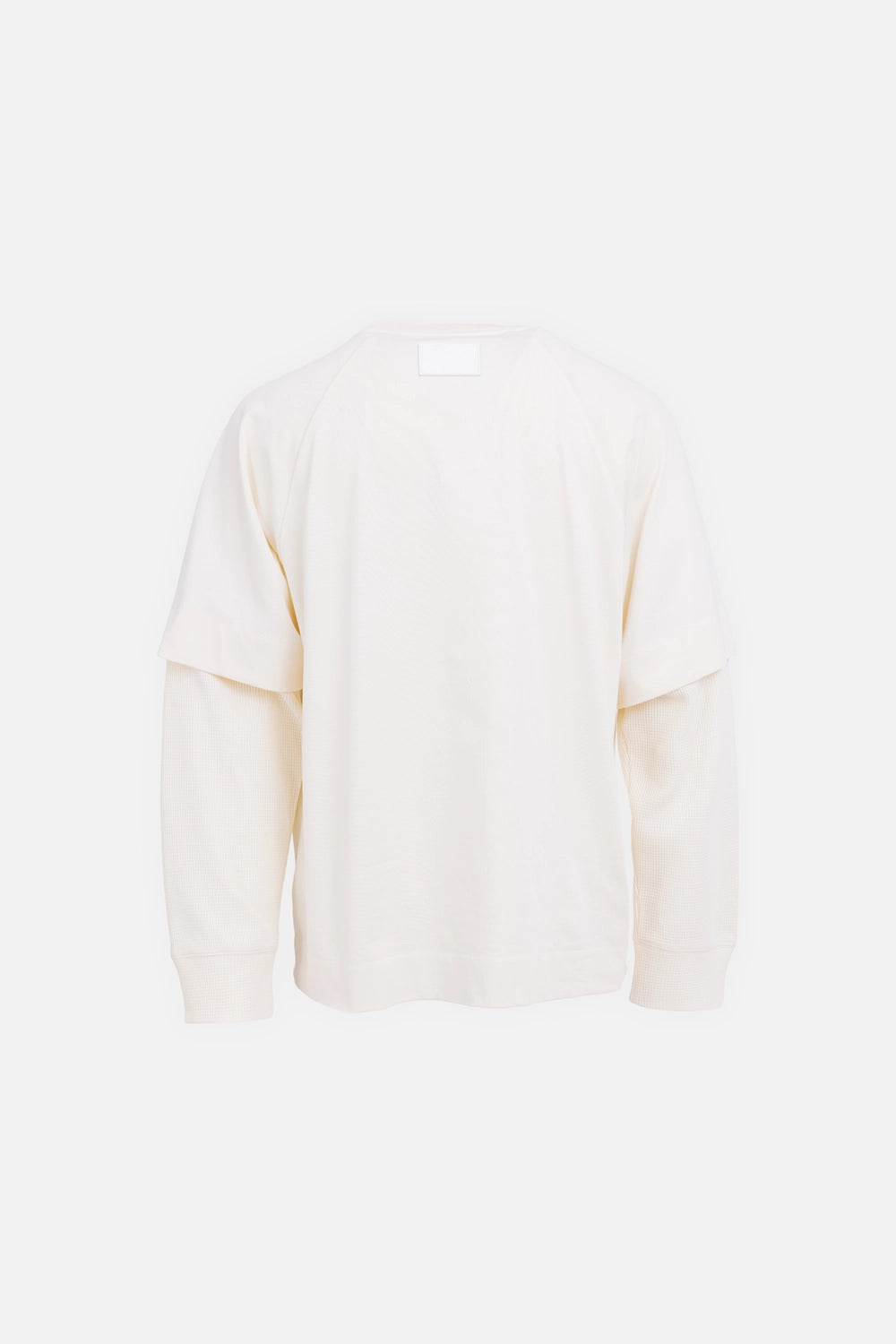 Helmut Lang men's T-shirt in winter white, back view, clean back with tonal neck patch and layered sleeve cuffs