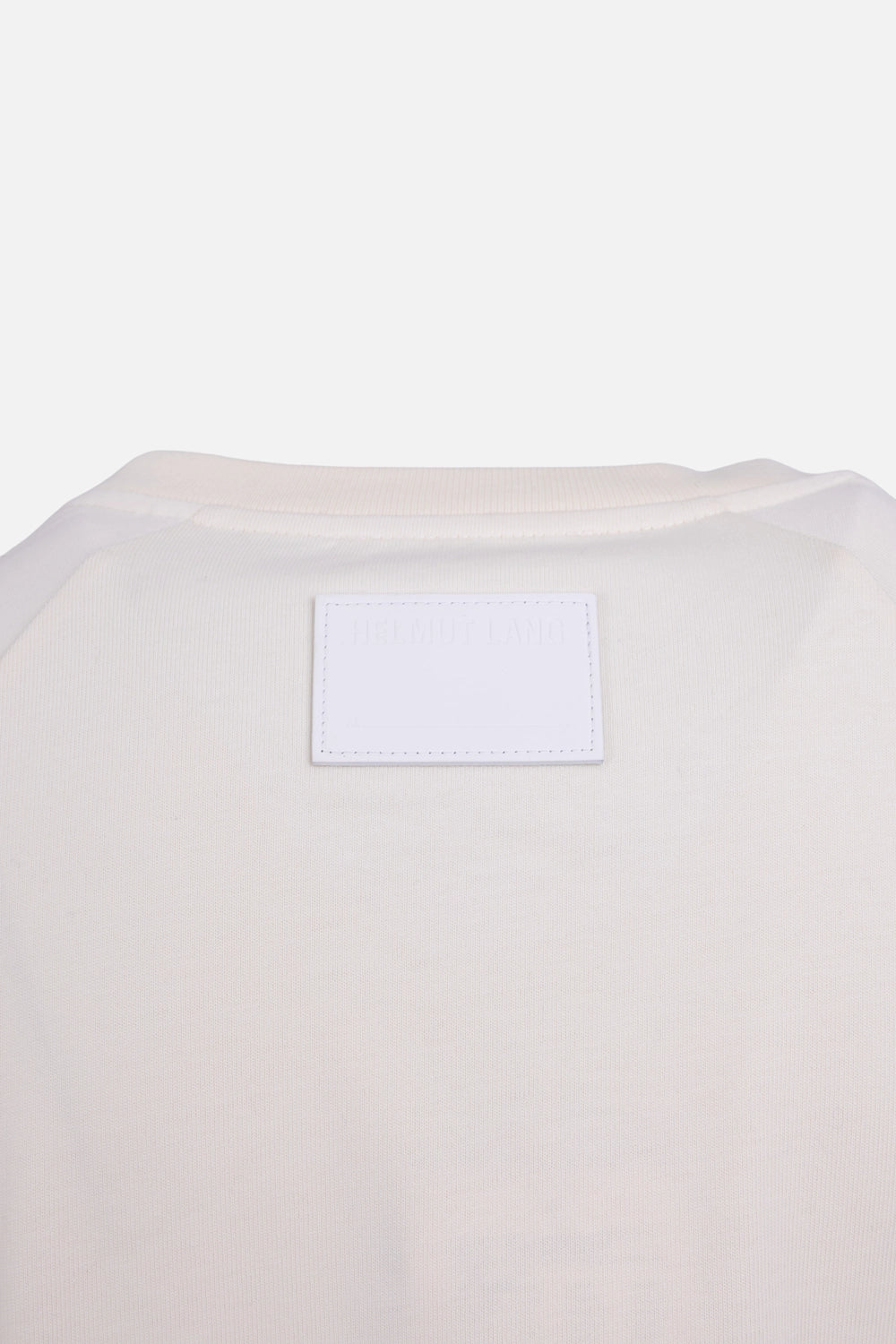 Helmut Lang men's T-shirt in winter white, logo detail, tonal leather patch at back neck