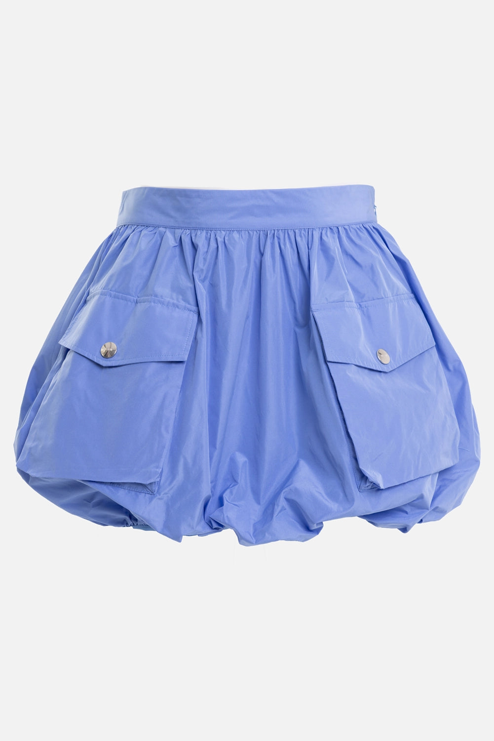 MSGM women's taffeta balloon miniskirt in light blue, front view with flap pockets and silver snap buttons