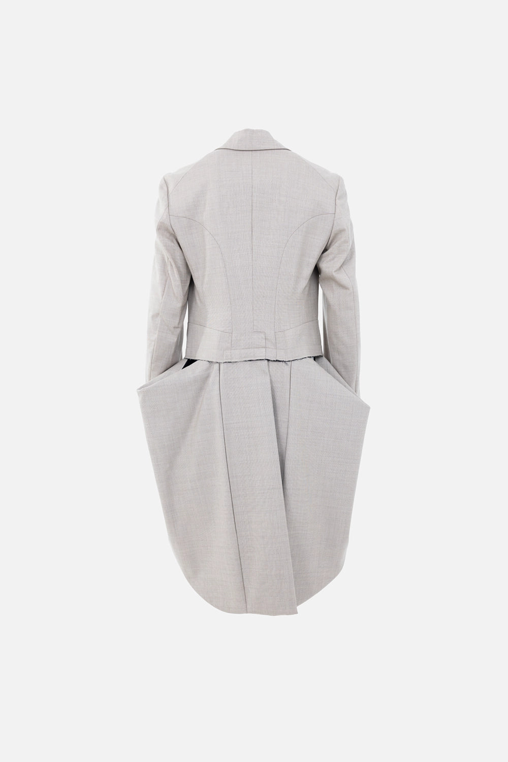 Pre-owned Comme des Garçons women's tailcoat blazer in light grey, back view, sculpted seams with long tail panels