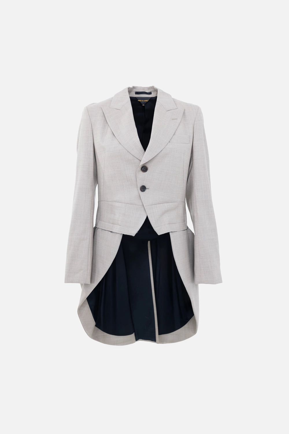Pre-owned Comme des Garçons women's tailcoat blazer in light grey, front view, peak lapels with two-button closure