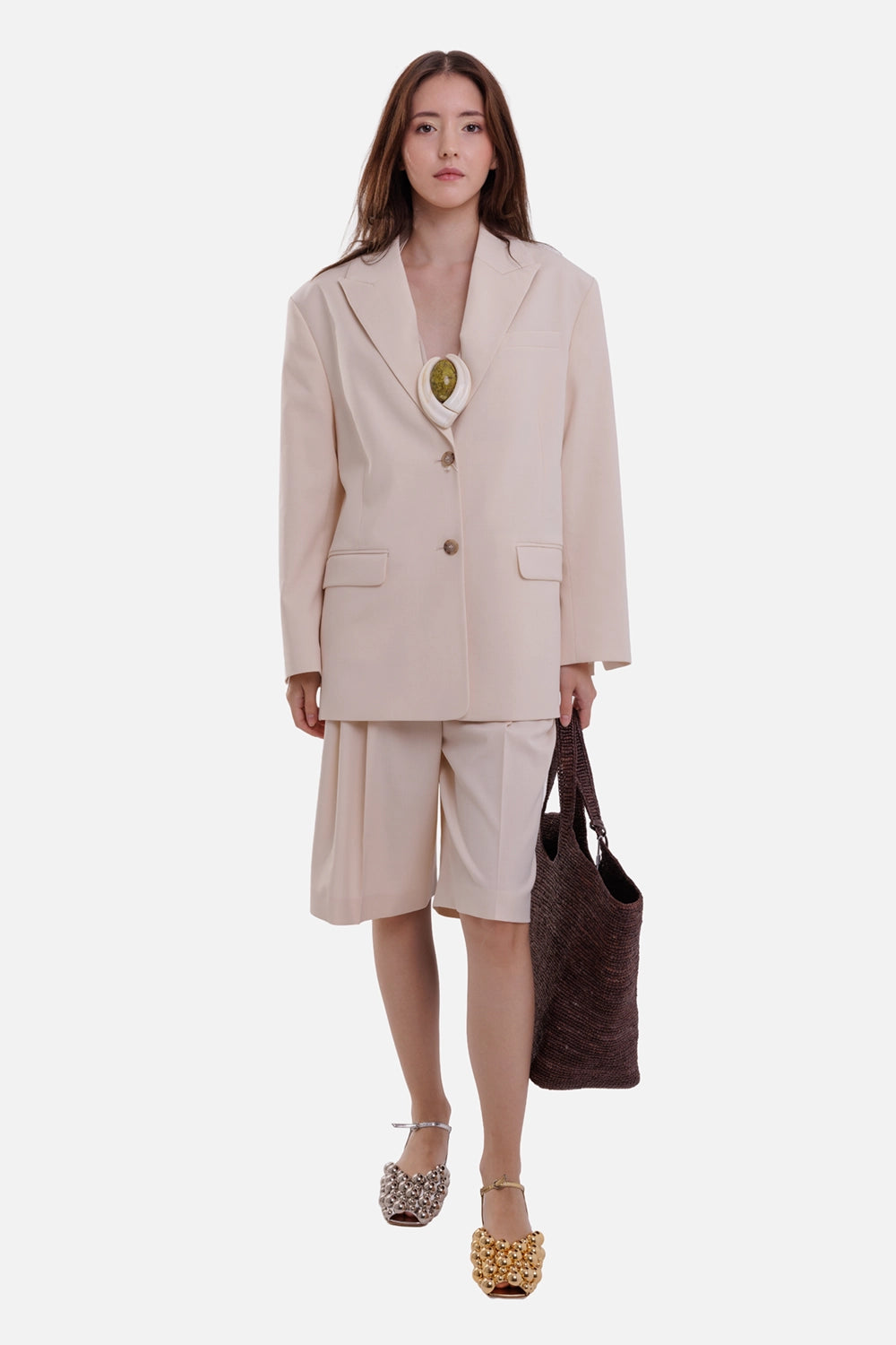 By Malene Birger women's Bermuda shorts in Soft White, full-length model view with wide legs and front pleats