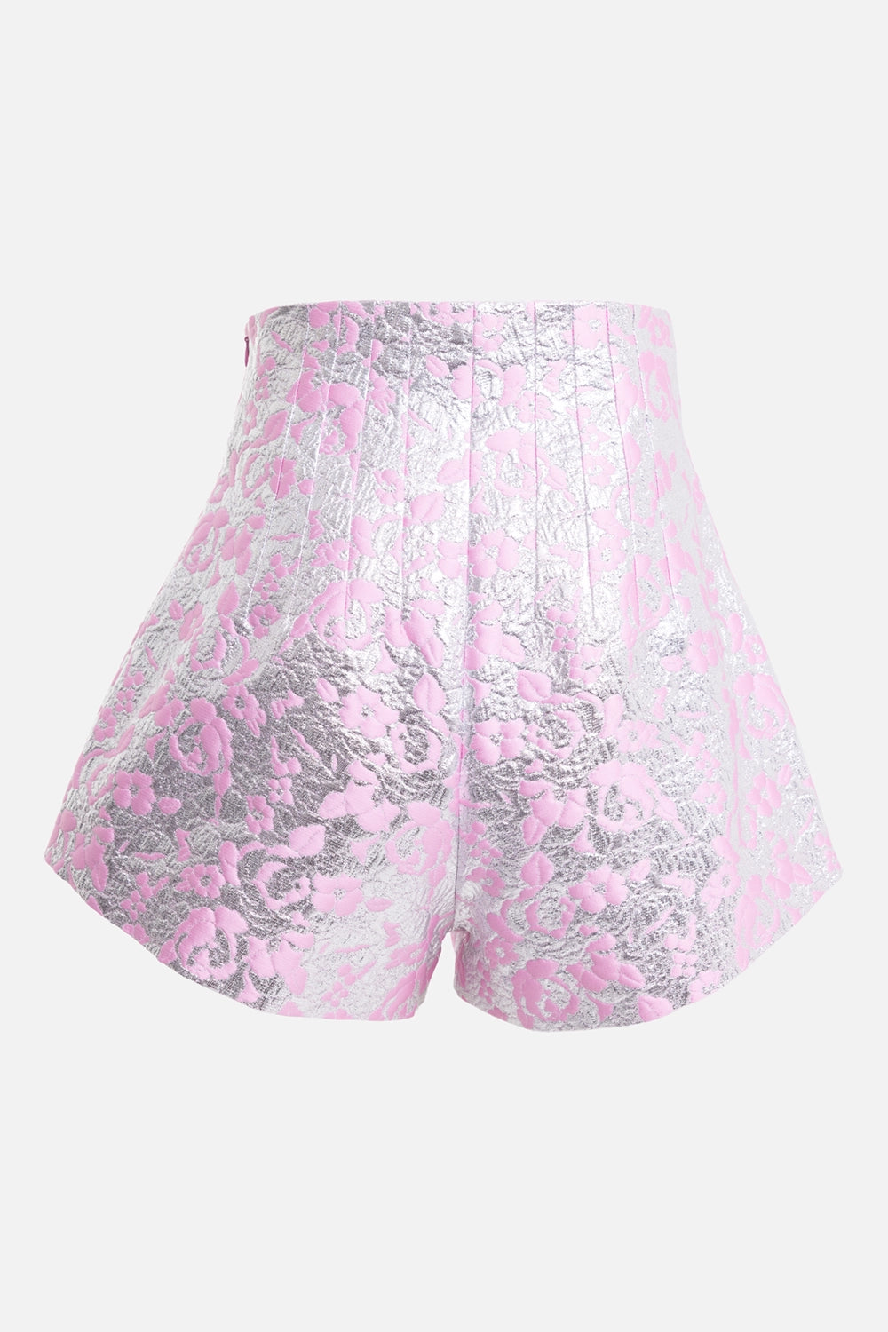 Des Phemmes women's tailored culottes in silver/candy pink, 3/4 view, sculpted short leg and panel seams