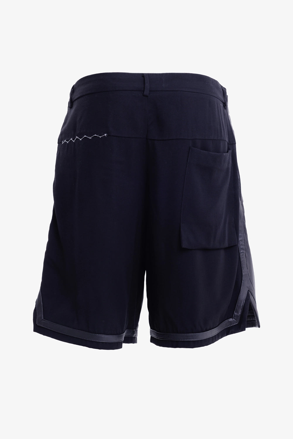 Justin Gall men's black tailored shorts, back view with patch pocket and contrast hand stitching