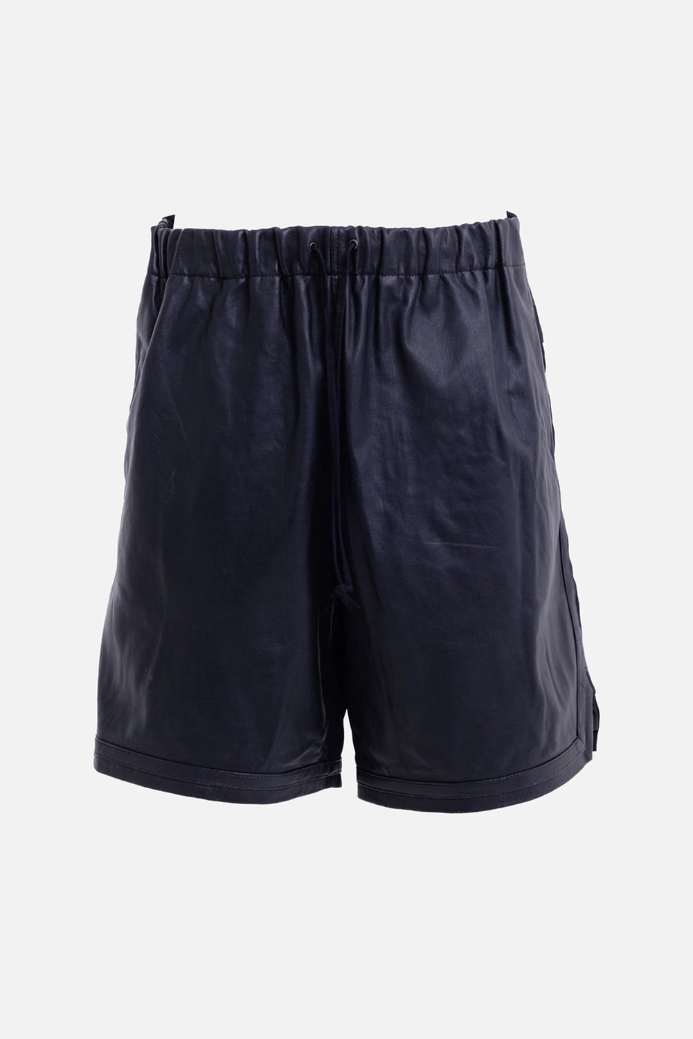 Justin Gall men's black tailored shorts, front view with drawstring waist and smooth panelled finish