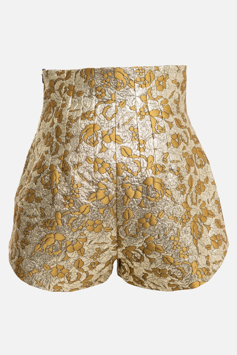 DES PHEMMES women's tailored shorts in gold, back view, sculpted high waist and rounded hems