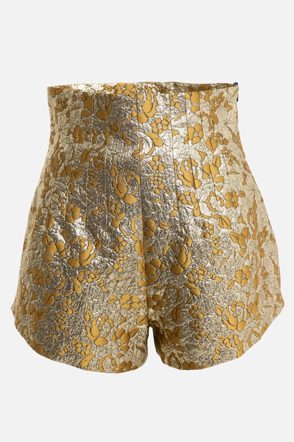 DES PHEMMES women's tailored shorts in gold, front view, high waist and metallic floral jacquard