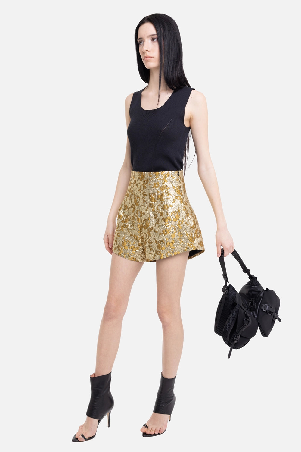 DES PHEMMES women's tailored shorts in gold, on-model full length, metallic floral jacquard and curved hem