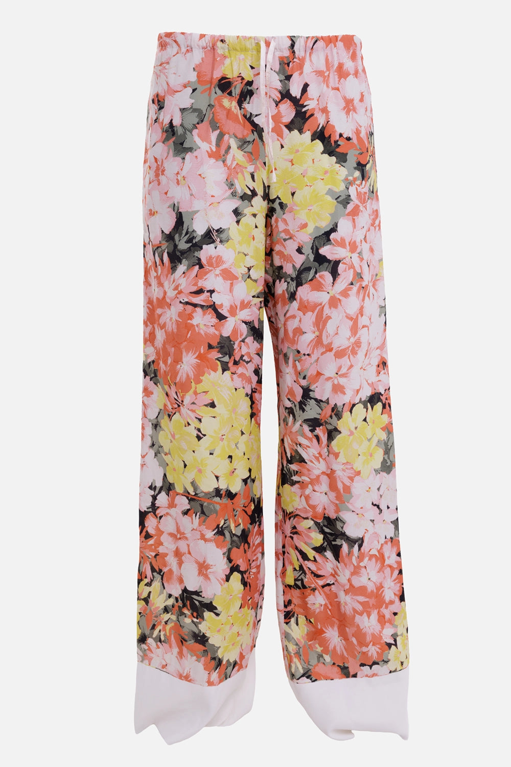 Dries Van Noten women tailored trousers in fuchsia floral, front view, white hem panels