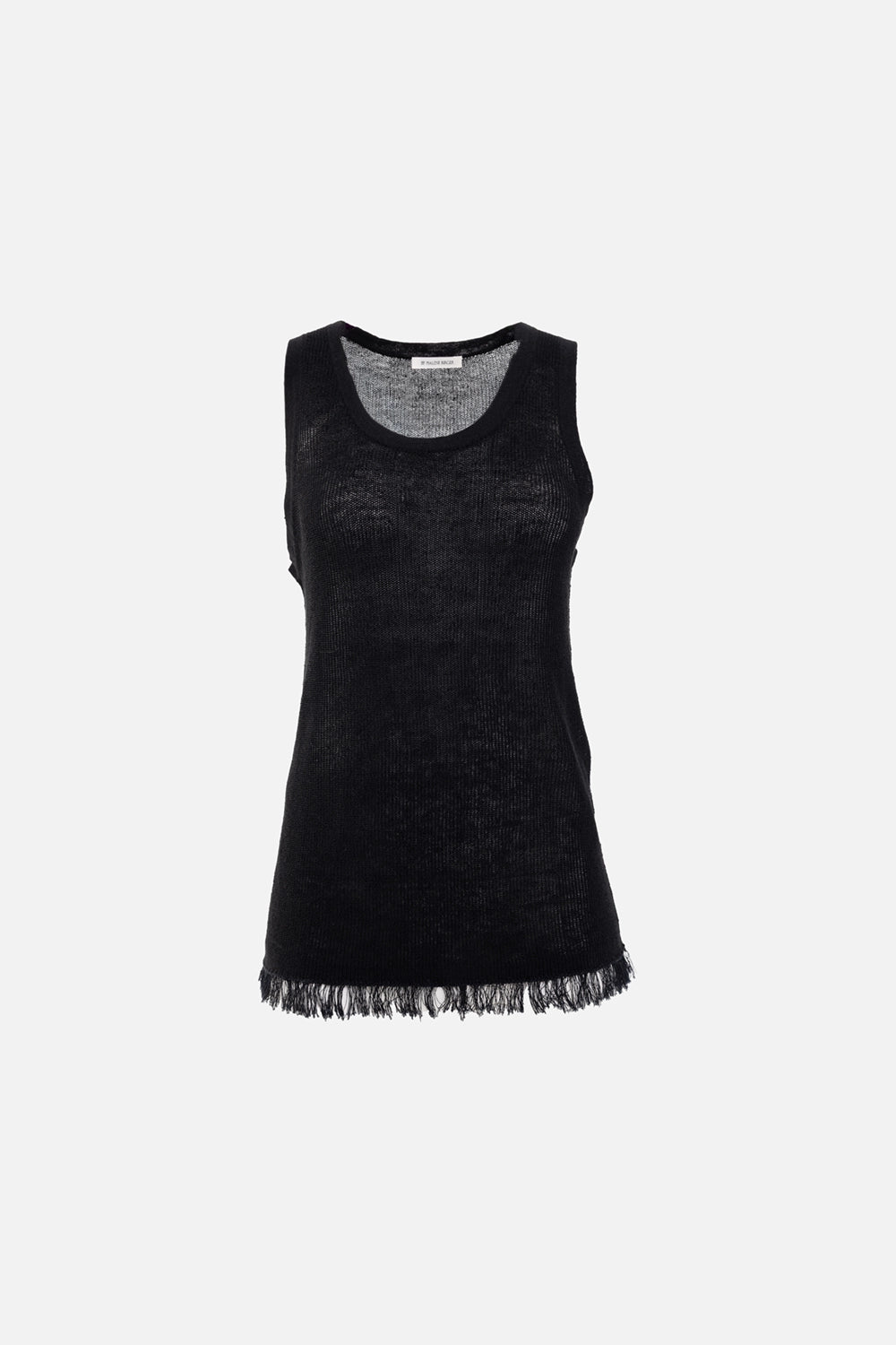 By Malene Birger women's tank top in black, front view, sheer knit with fringed hem