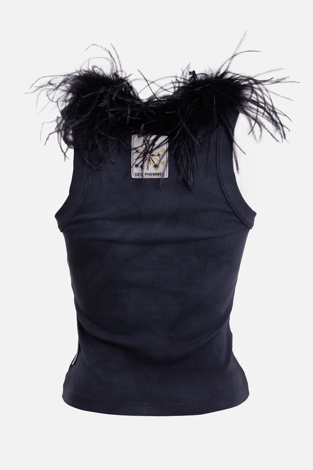 DES PHEMMES women's Dark Steel tank top, back view with feather trim and woven logo patch at the neckline