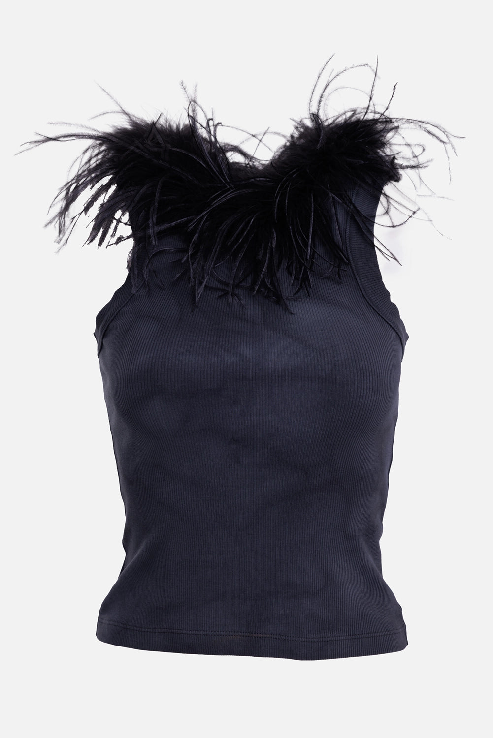 DES PHEMMES women's Dark Steel tank top, front view with ribbed jersey and black feather-trimmed neckline