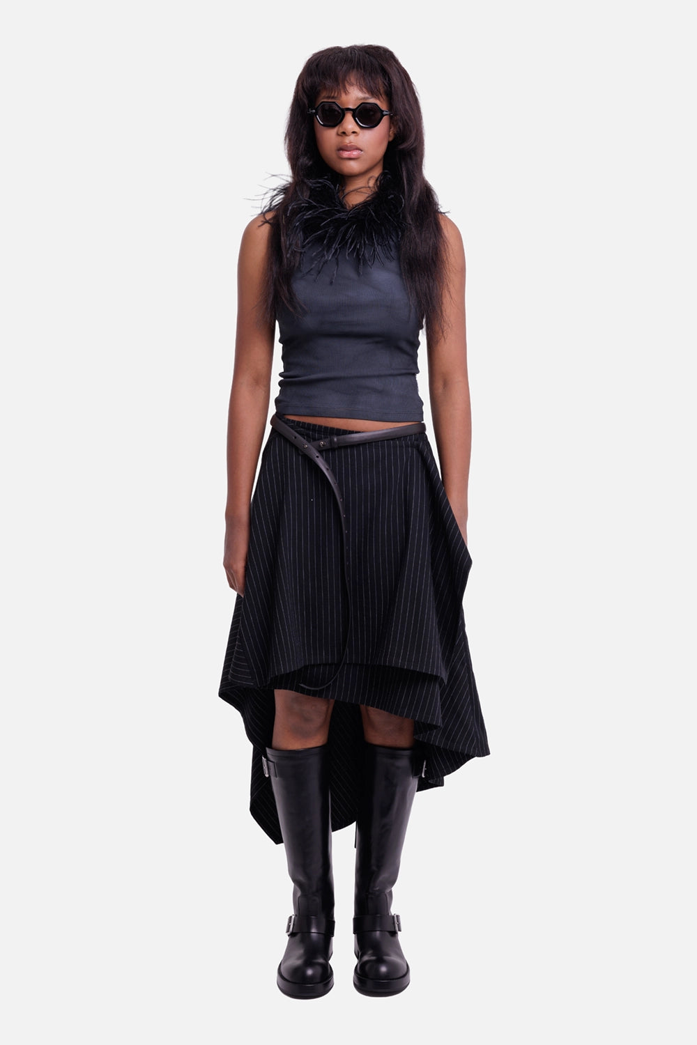 DES PHEMMES women's Dark Steel tank top on model, full-length view with fitted ribbed body and feather-trimmed neck