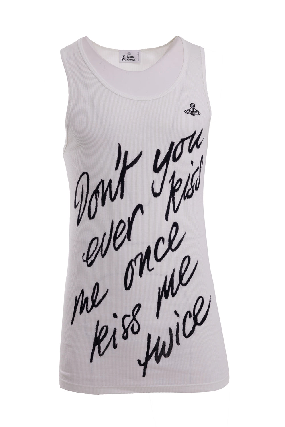Vivienne Westwood men's tank top in off white, front view with scoop neck, ribbed jersey and black script print