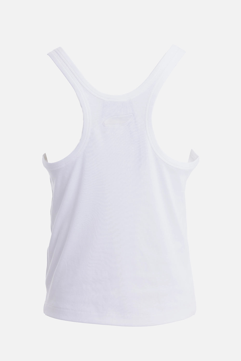 Natasha Zinko men's white tank top, back view with racer-style shoulders and tonal upper detail