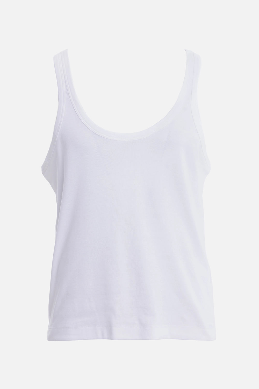 Natasha Zinko men's white tank top, front view with wide scoop neckline and bound edges
