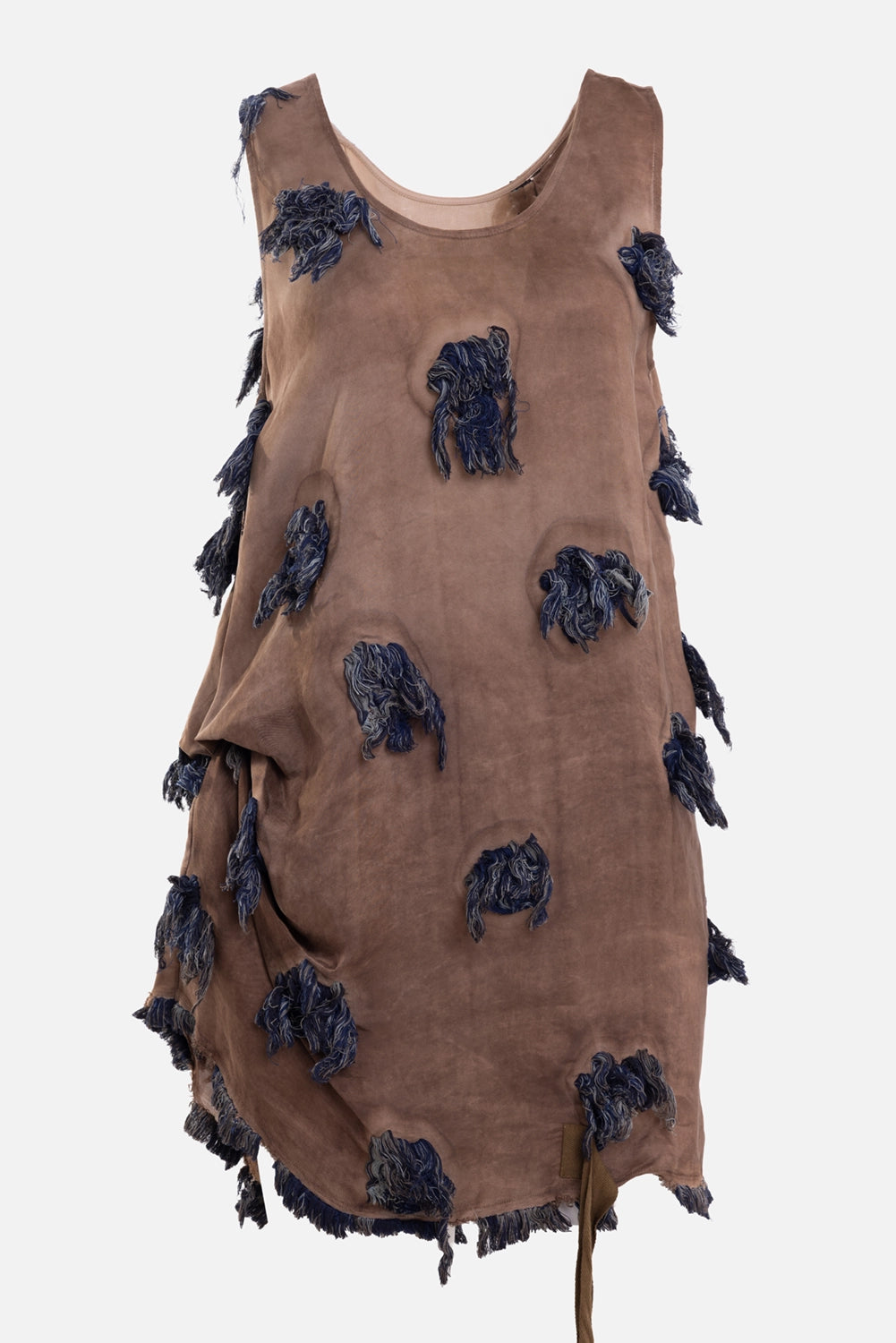 Uma Wang women's Tara top in rose blue, front view, scoop neck and blue fringe appliqués
