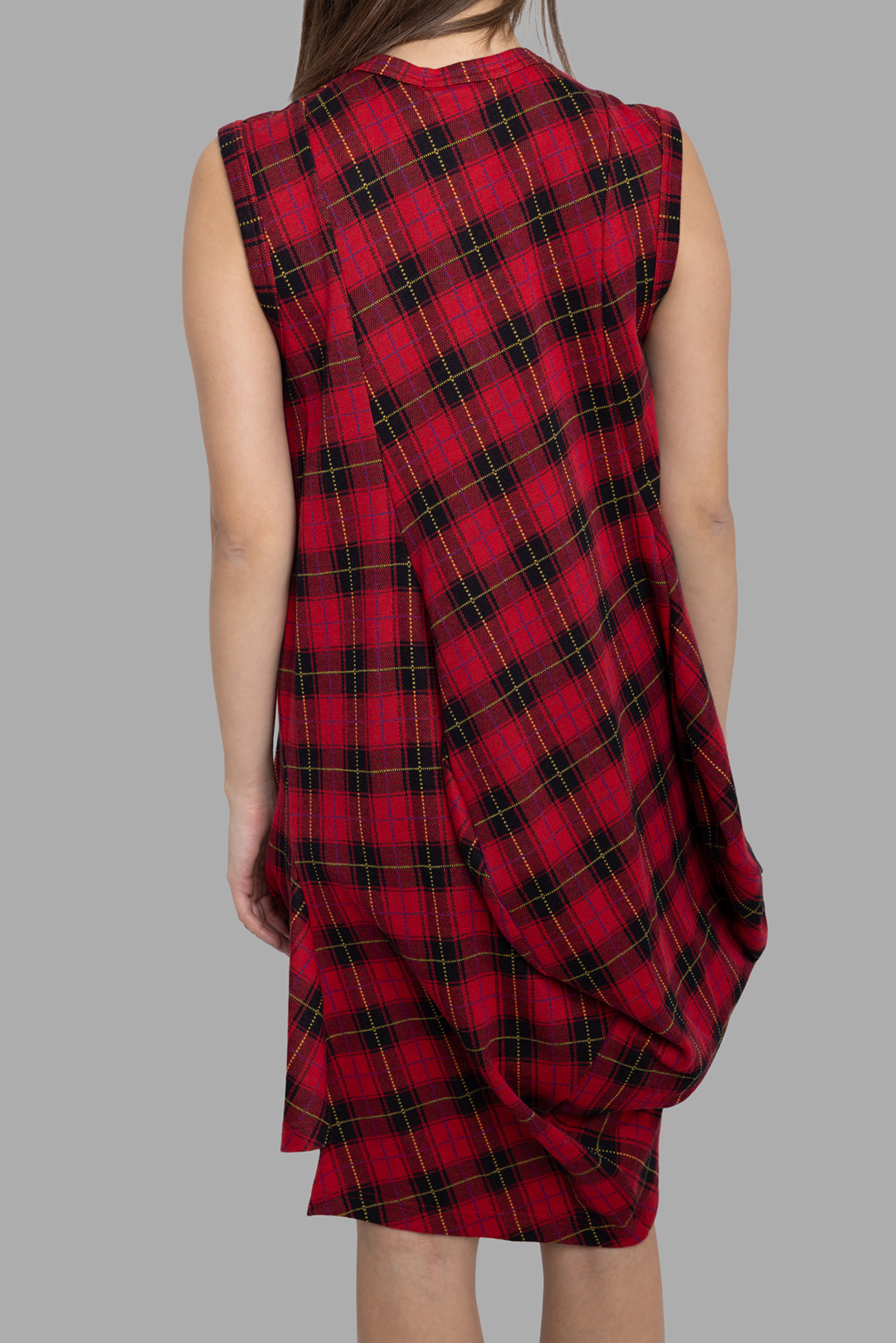 Comme des Garçons women's red tartan sleeveless dress, back view, soft drape with longline rounded hem.