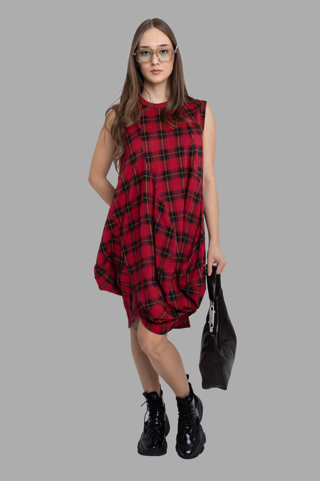 Comme des Garçons women's red tartan sleeveless dress, on-model full length, voluminous bubble hem.