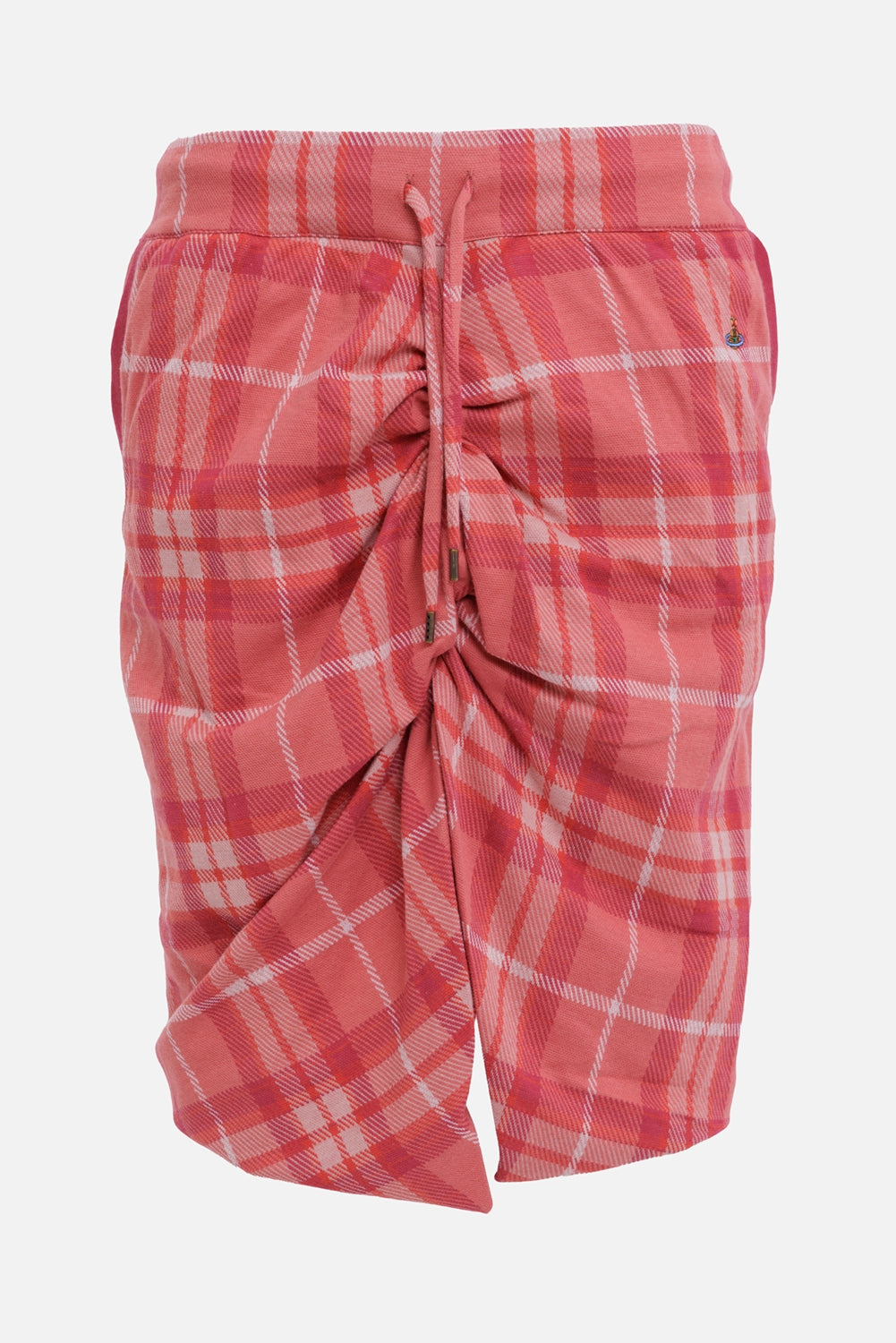 Vivienne Westwood women's tartan mini skirt in blossom, front view with drawstring ruching and Orb embroidery