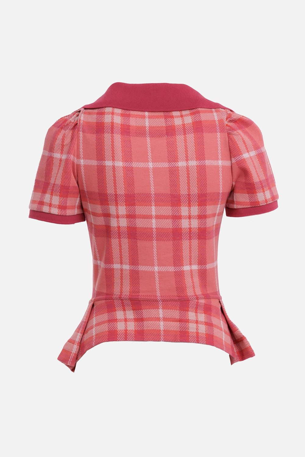 Vivienne Westwood women's blossom tartan polo top, back view with fitted waist, peplum panels and short sleeves