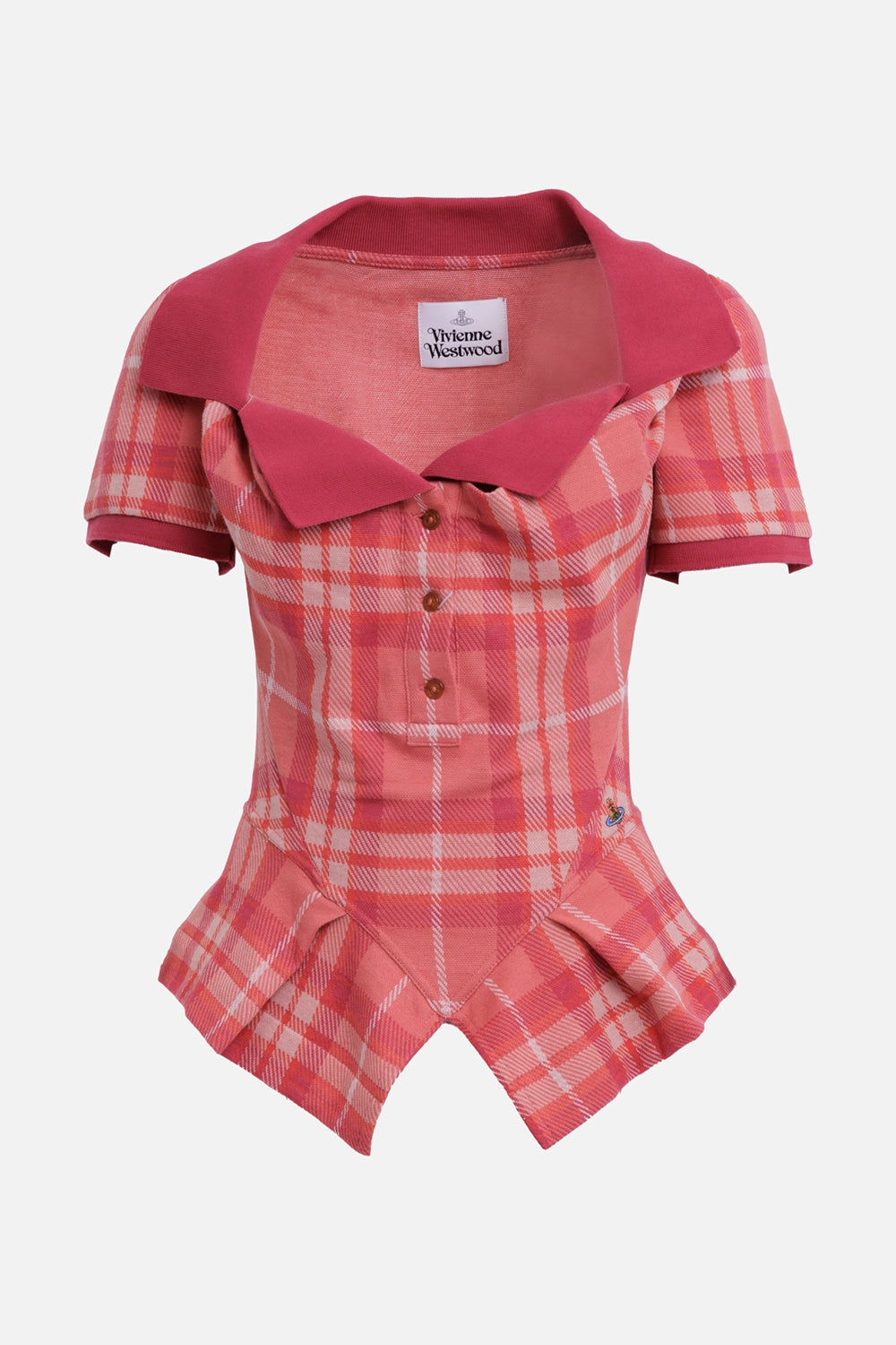 Vivienne Westwood women's blossom tartan polo top, front view with notched collar, buttons and Orb embroidery