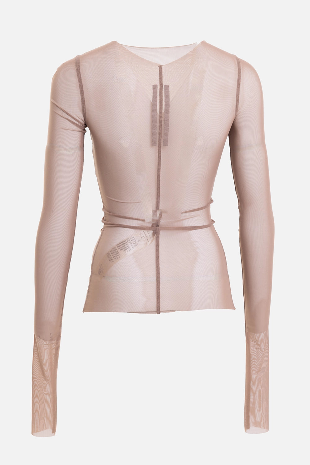 Rick Owens women's Temple Bandeau Top in DNA taupe, back view with sheer tulle sleeves and center seam