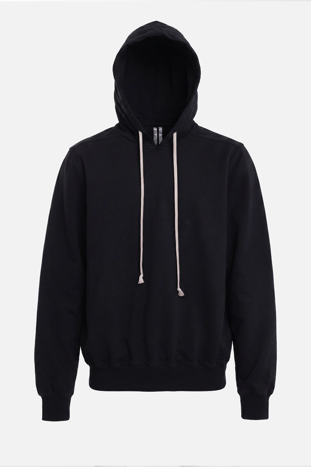Rick Owens men's Temple of Love Hoodie in Black/Milk, front view with milk drawstrings and ribbed cuffs