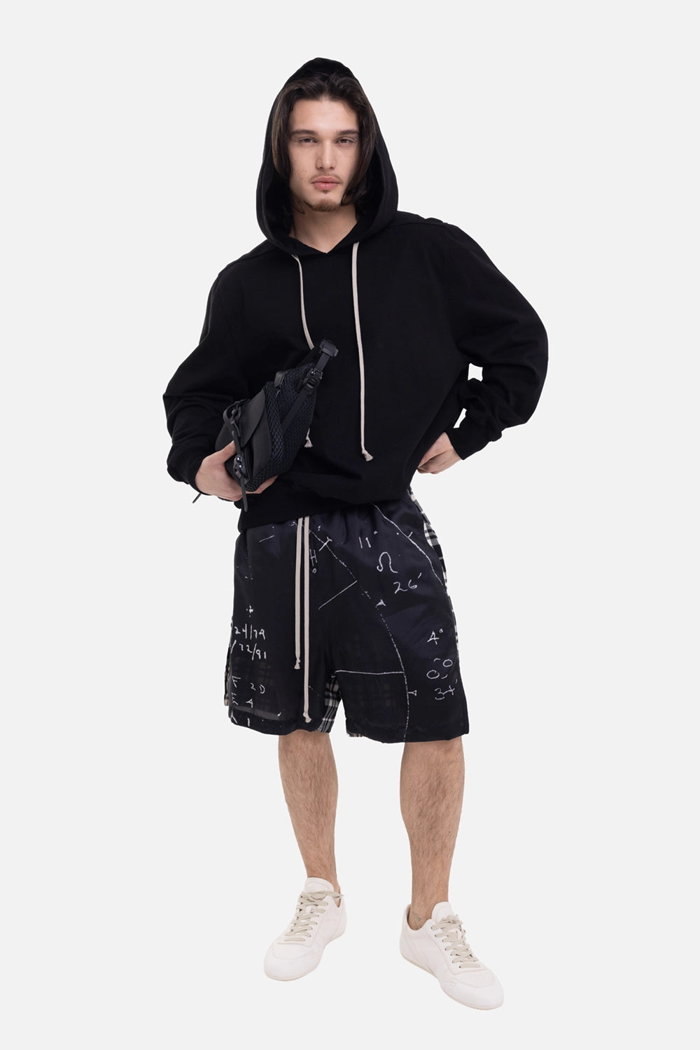 Rick Owens men's Temple of Love Hoodie in Black/Milk, on-model full-length with oversized fit and long cords