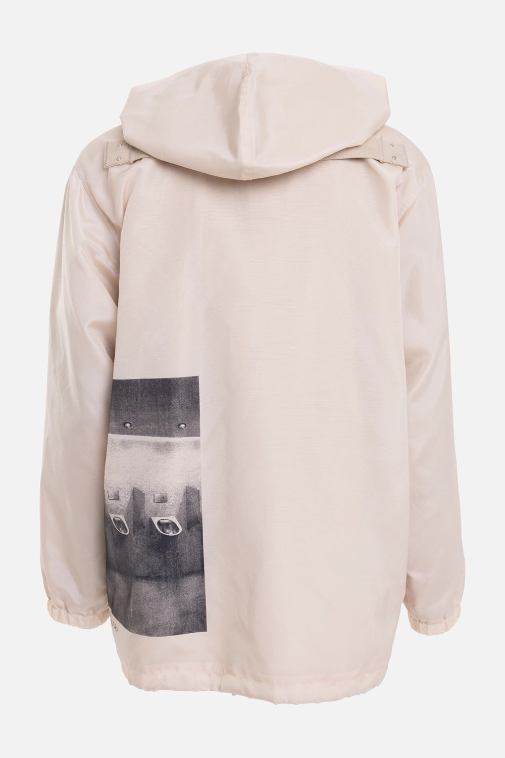 Rick Owens men's Temple Tour Jacket in Sand/Black, back view with side urinal graphic and webbing shoulder tabs