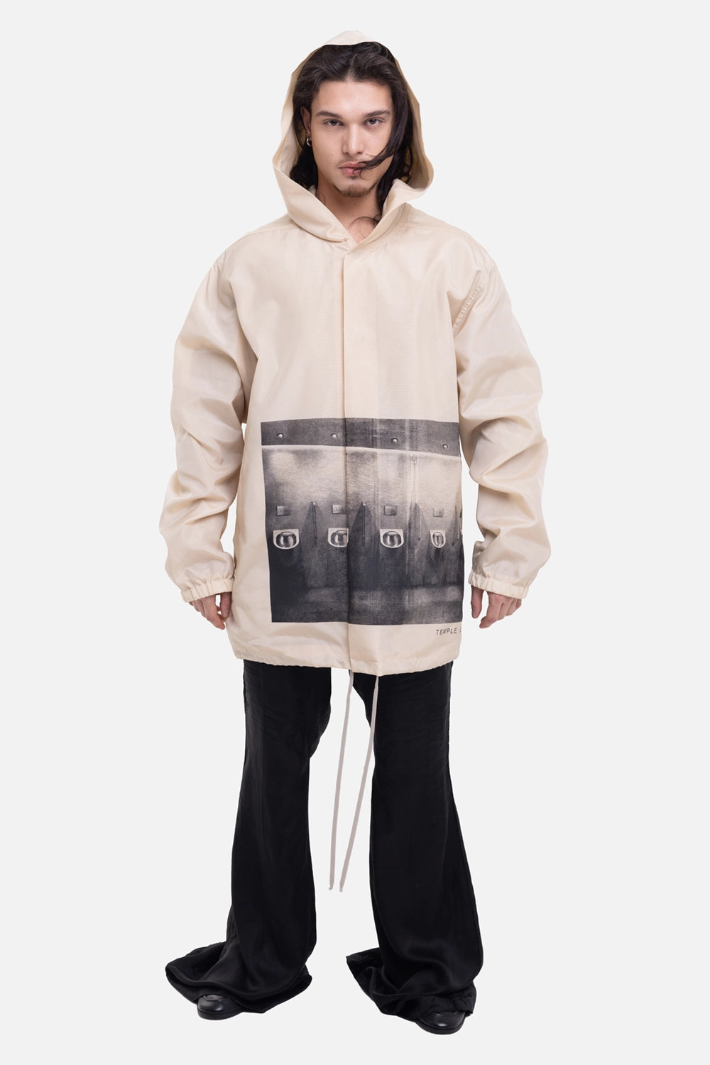 Rick Owens men's Temple Tour Jacket in Sand/Black, on-model full-length with oversized fit and long hem cords