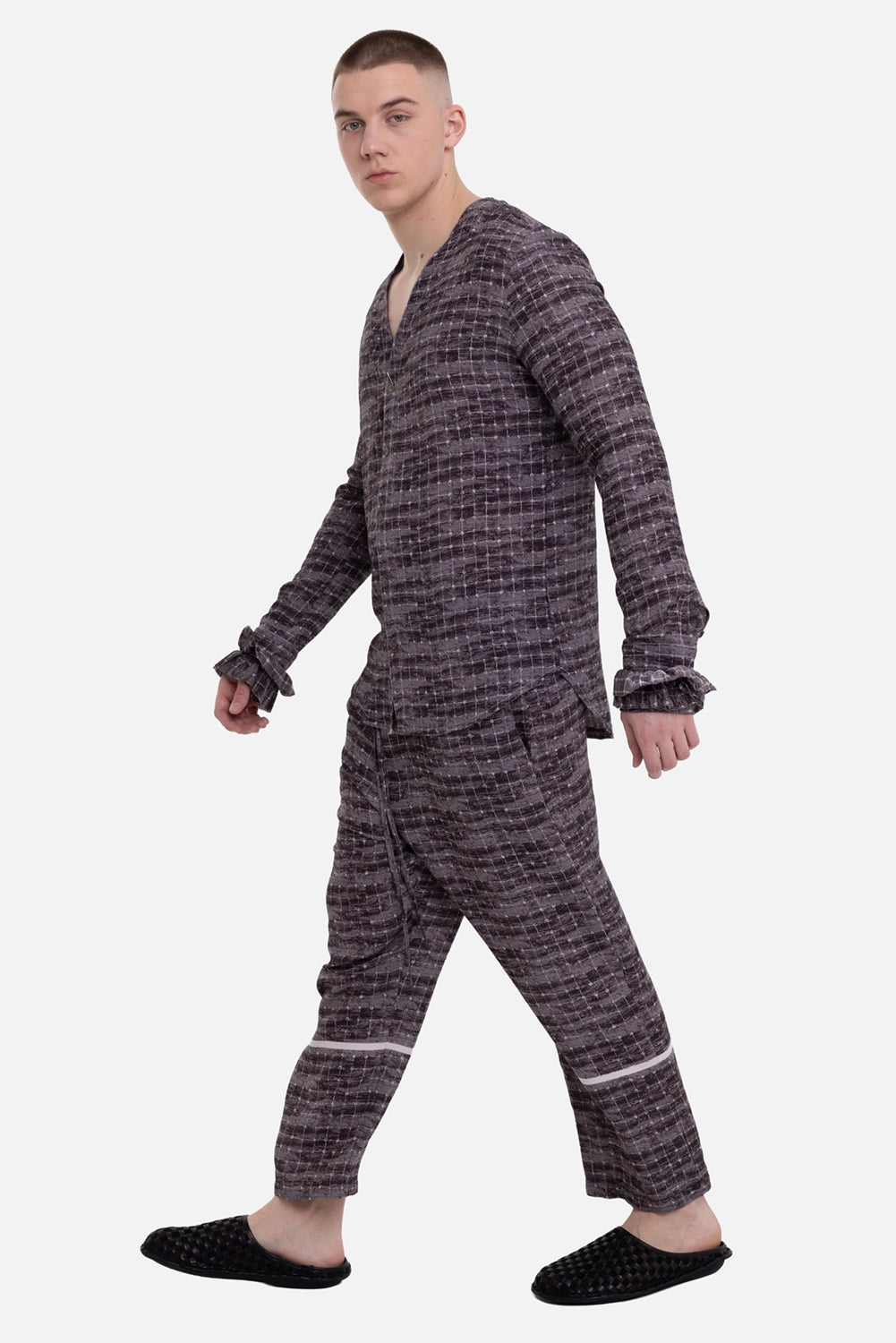 Marc Point men's trousers in plum/black, on-model full-length view with relaxed straight leg and textured pattern