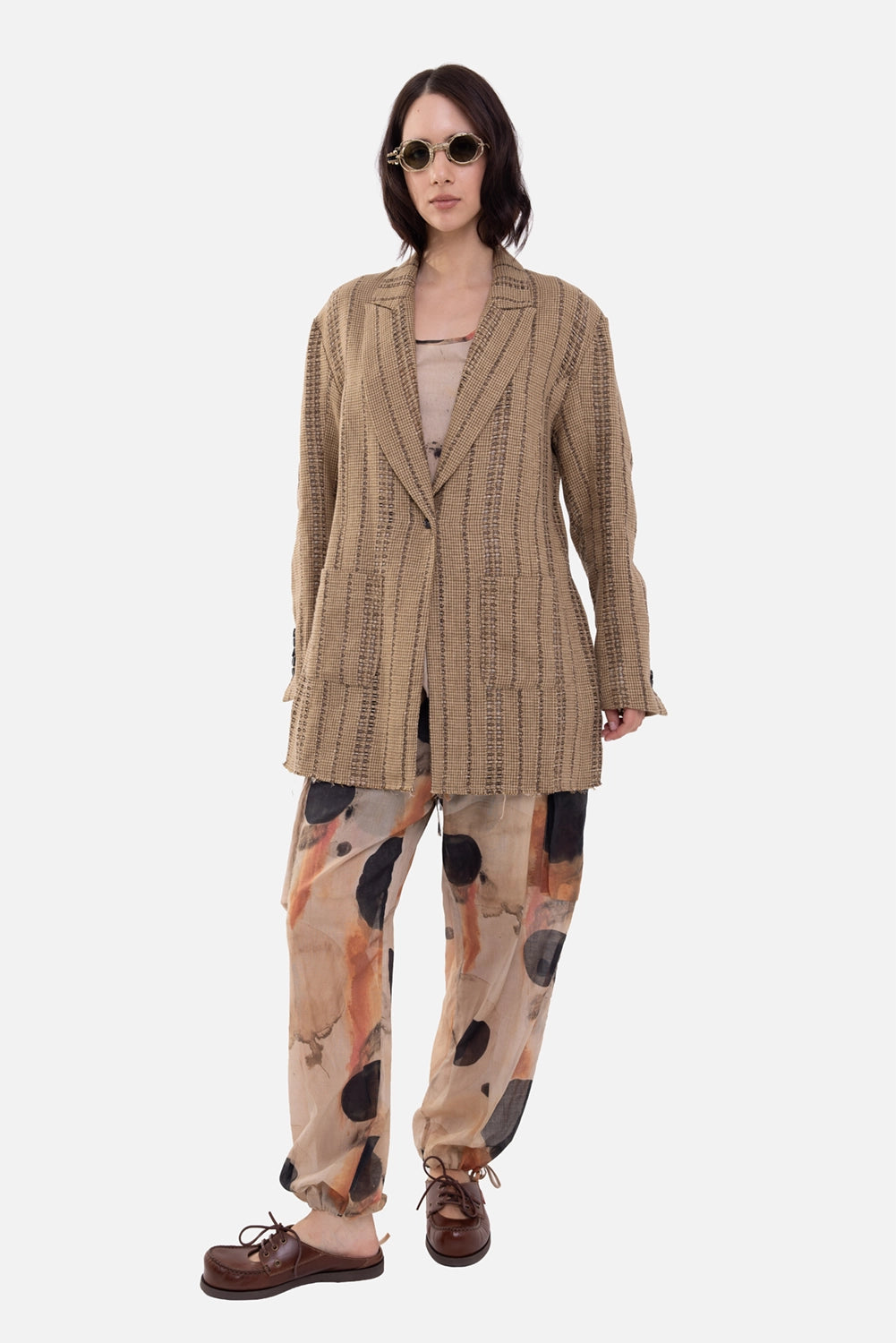 Masnada women's blazer in natural/nut, on-model full-length, vertical textured stripes and raw hem