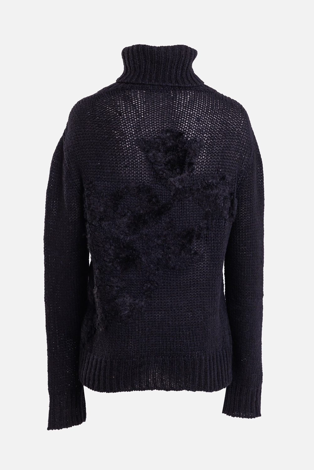 Ann Demeulemeester women's black turtleneck sweater, back view with open knit and raised floral pattern