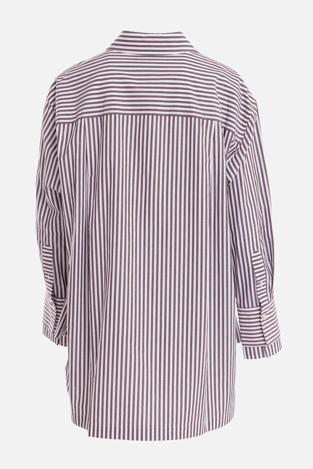 Joseph women's Theia striped shirt in Patina/Wax, back view with horizontal-striped yoke and centre-back pleat