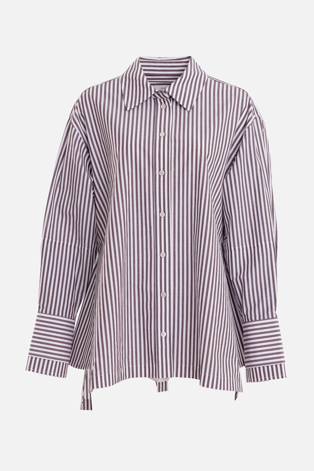 Joseph women's Theia striped shirt in Patina/Wax, front view with pointed collar, white buttons and stepped hem
