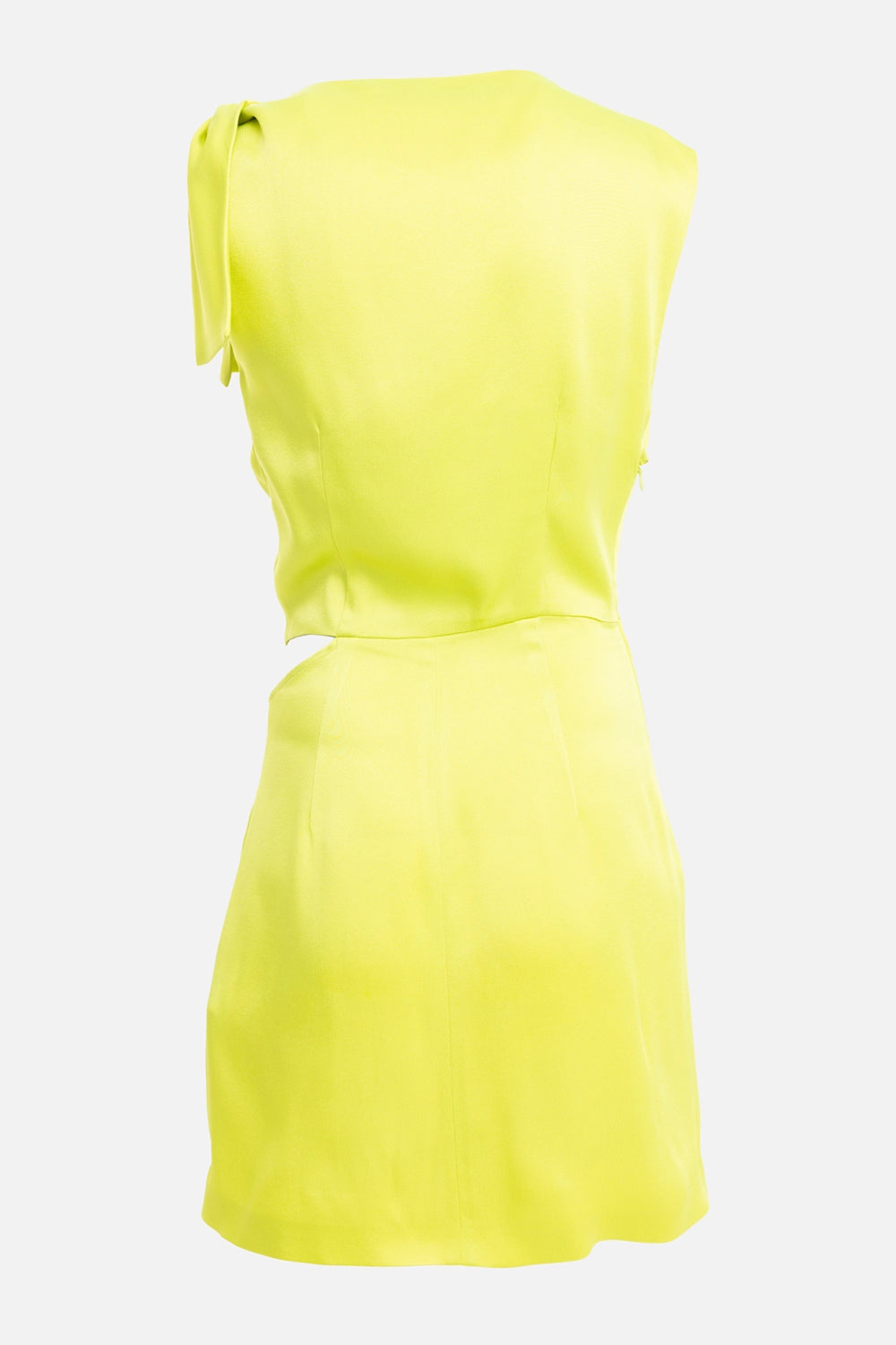 MSGM women's satin mini dress in lime, back view with clean sleeveless shape and waist seam