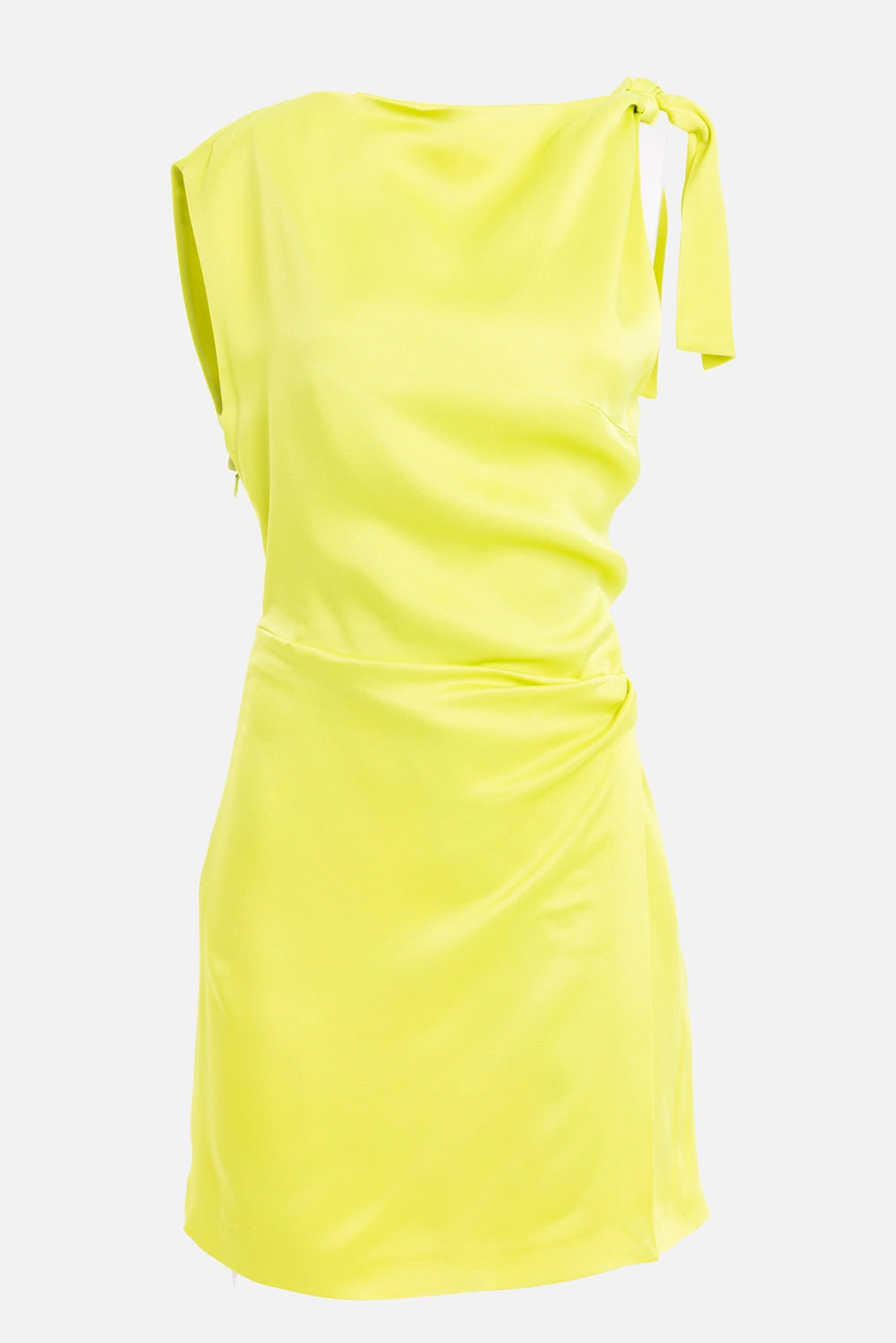 MSGM women's satin mini dress in lime, front view with straight neckline and tie shoulder sash
