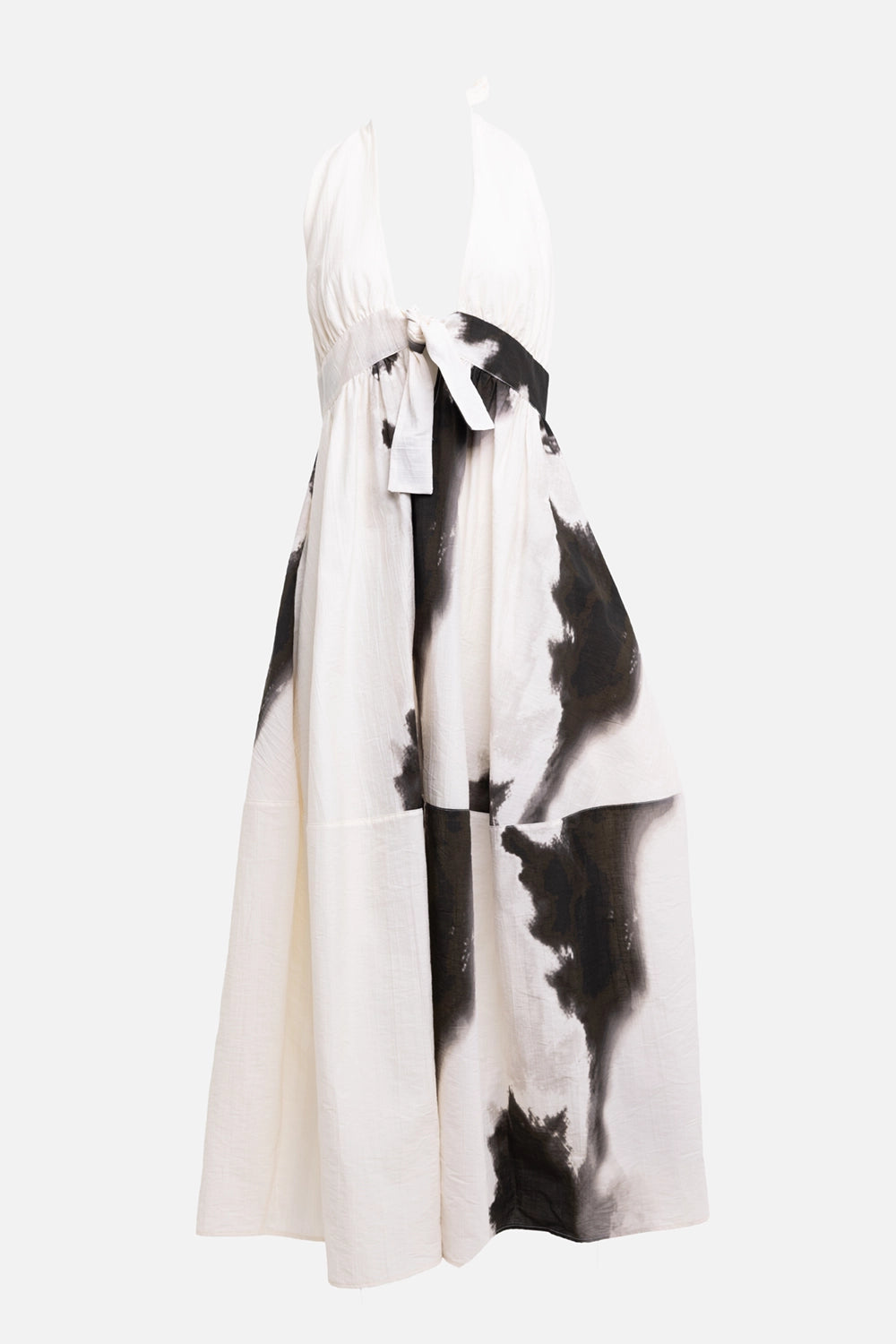 Gentry Portofino women's halterneck maxi dress in ecru, front view, deep V-neck and self-tie waist